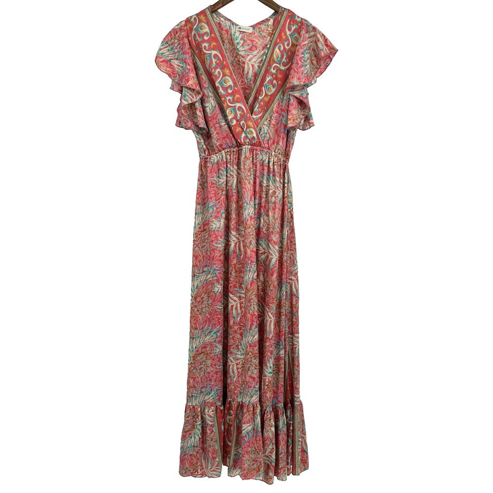 Garden Floral 100% Silk Maxi Dress Women M/L Quiet Luxury Romantic Travel Resort